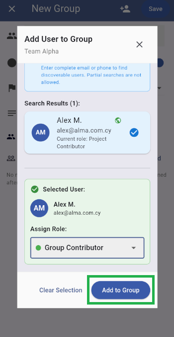 After selecting a user, click Add to Group