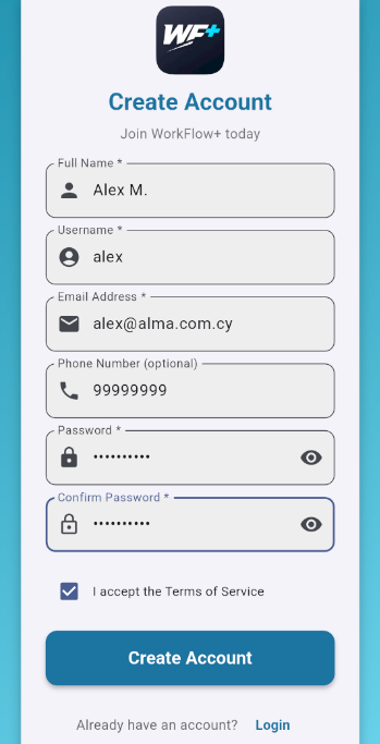 Create account form example filled