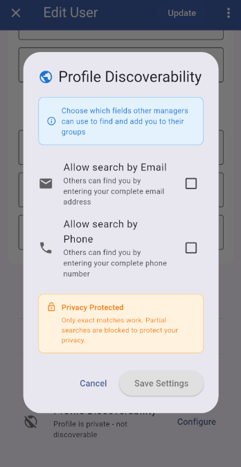 Profile Discoverability dialog with nothing selected yet