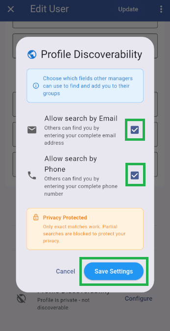 Profile Discoverability dialog with Email and Phone enabled and Save Settings highlighted