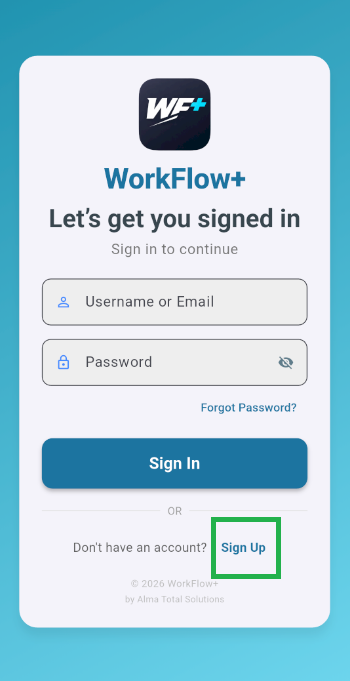 Login screen with Sign Up button highlighted