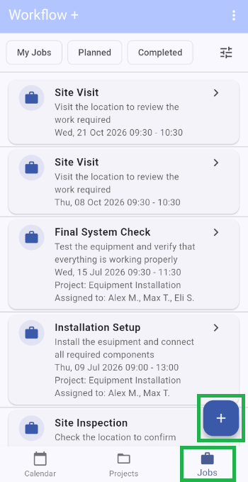 Open the Jobs tab and tap the plus button to create a new job