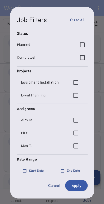 Job filters screen showing status, projects, assignees, and date range