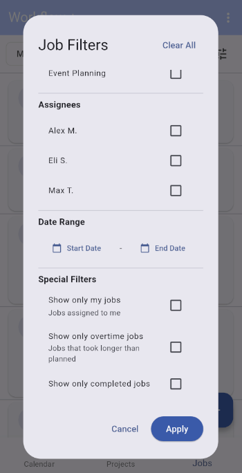 Job filters screen showing special filter options