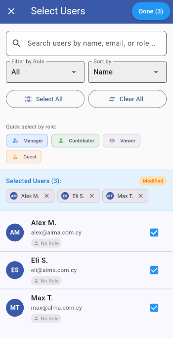 User selection screen showing available users based on group and selected project
