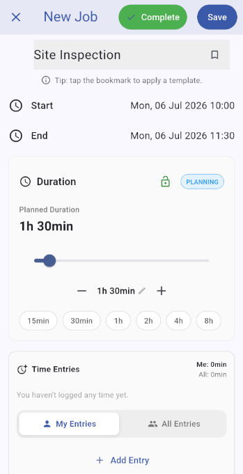 New job screen showing title, dates, duration, and planning status