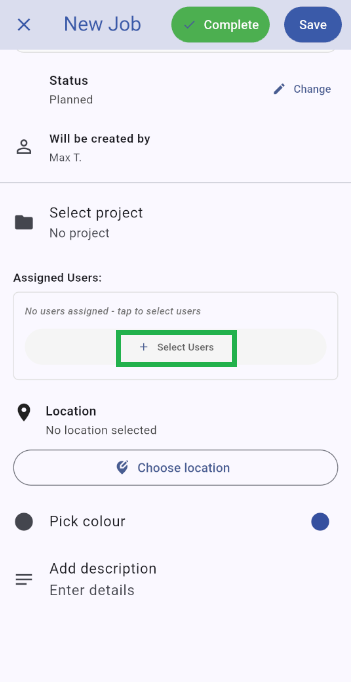 Select Users button on the new job screen