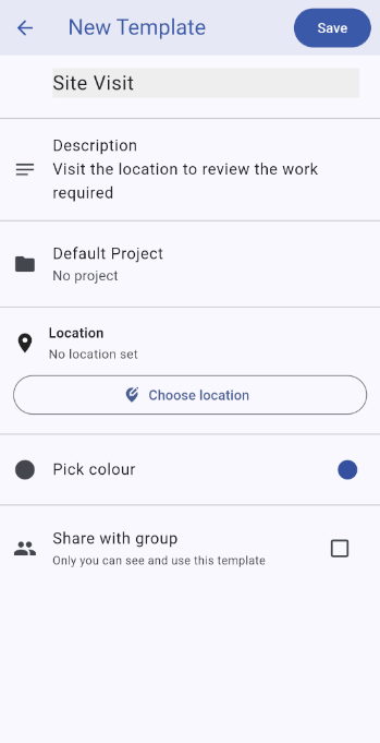New template screen with fields to fill as needed