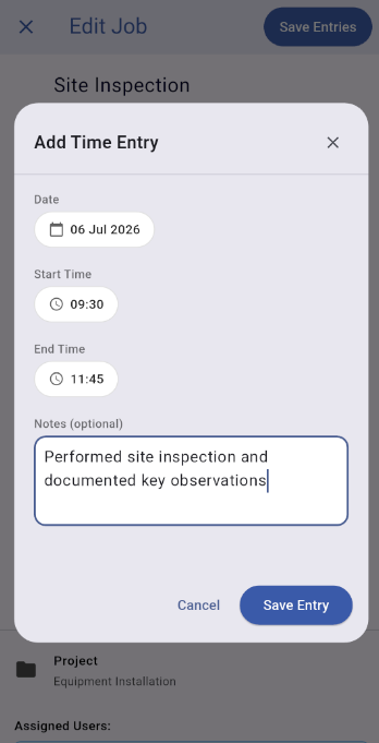 Add Time Entry form showing date, start time, end time, notes, and the Save Entry button