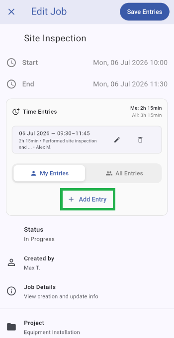 Job details screen showing the Time Entries section and the Add Entry button