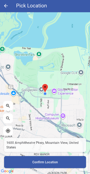 Location selection screen with map and confirm location button
