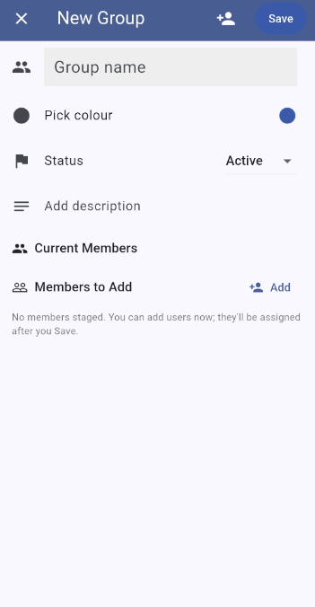 New group screen with empty fields