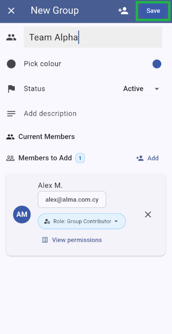 New group screen filled and ready to click Save