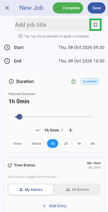 Open template options from the new job screen