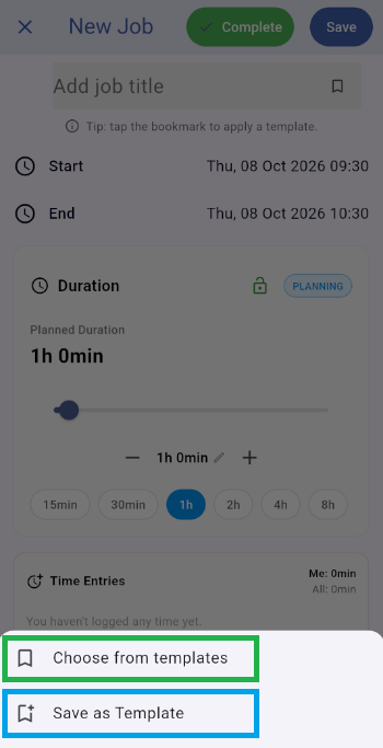 Template options menu on the new job screen