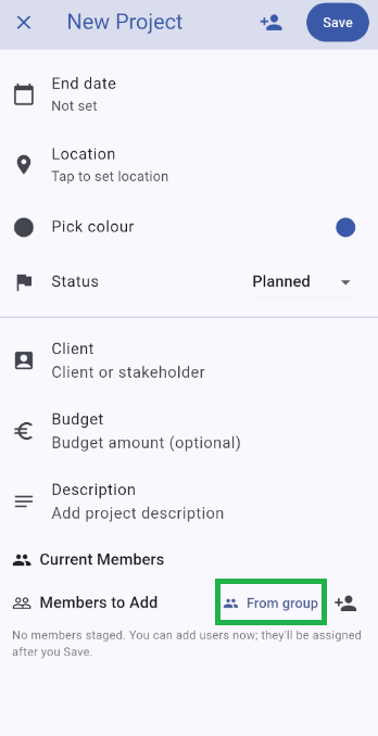 From group button on the new project screen