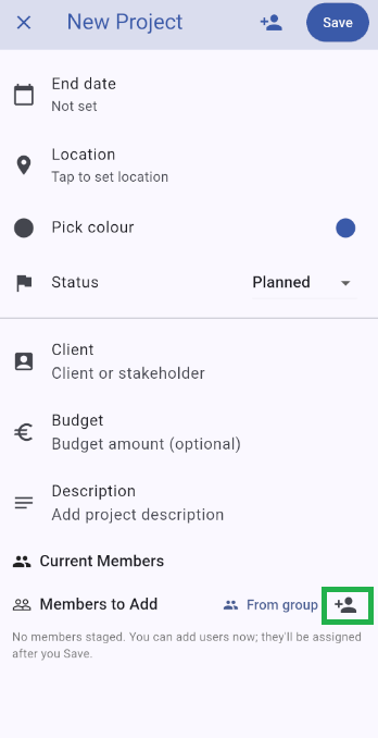 Add user button on the new project screen