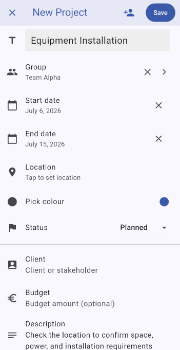 New project screen with project details filled in
