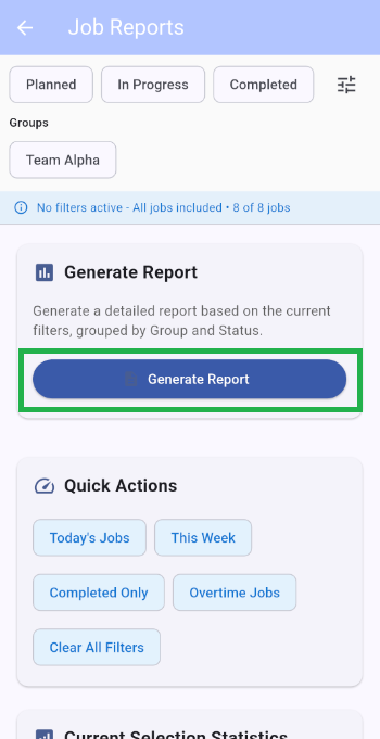 Job Reports screen showing the Generate Report button after choosing filters