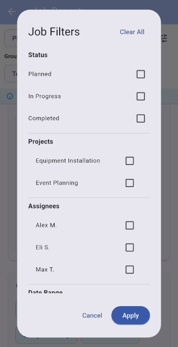 Job filters screen showing status, projects, and assignees