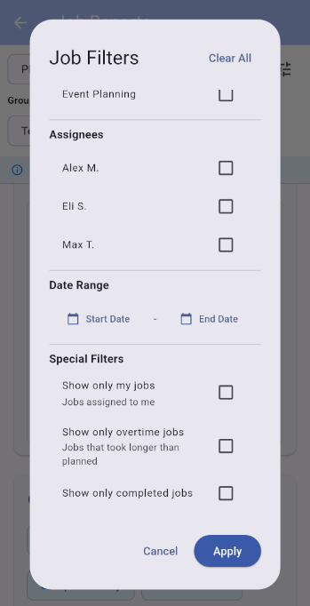 Job filters screen showing date range and special filters