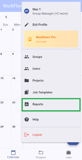 Top menu showing the Reports option