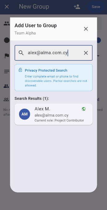Search with email or phone to find a user