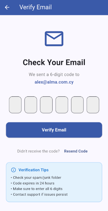 Verify email screen with 6-digit code entry